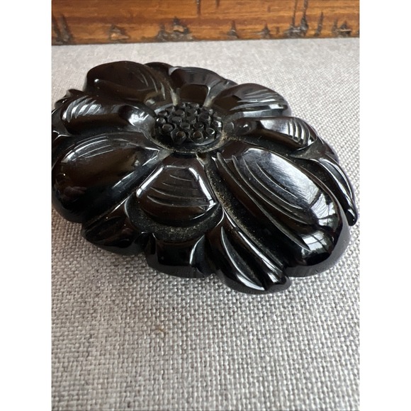Bakelite Large Black Brooch Floral Carved Detailed Pierced Pin - Picture 4 of 13